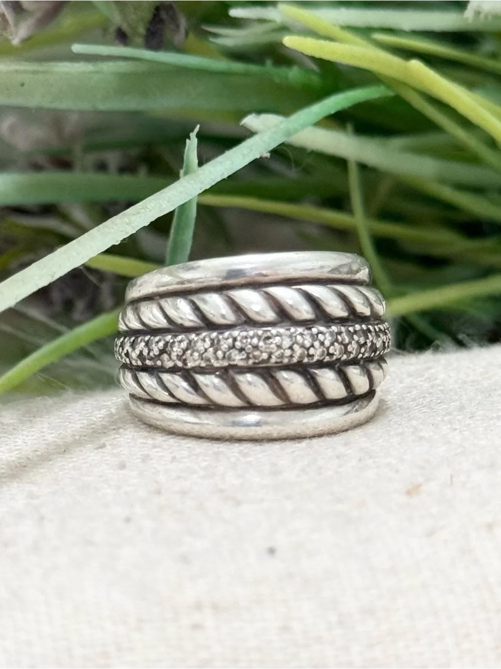 David Yurman .925 Diamond Thoroughbred Sculpted Cable Wide Band Ring Sz 6